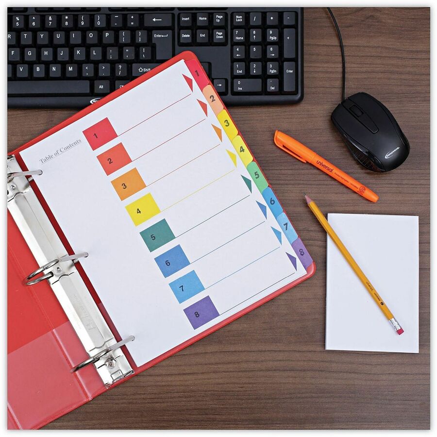 Universal Index Divider - 8 Printed Side Tab(s) - Digit - 1-8, Table of Contents - 8.5" Divider Width x 11" Divider Length - Letter - 3 Hole Punched - White Paper Divider - Assorted Paper Tab(s) - 30% Recycled - Double-sided, Mylar Reinforced Edge, Lam...