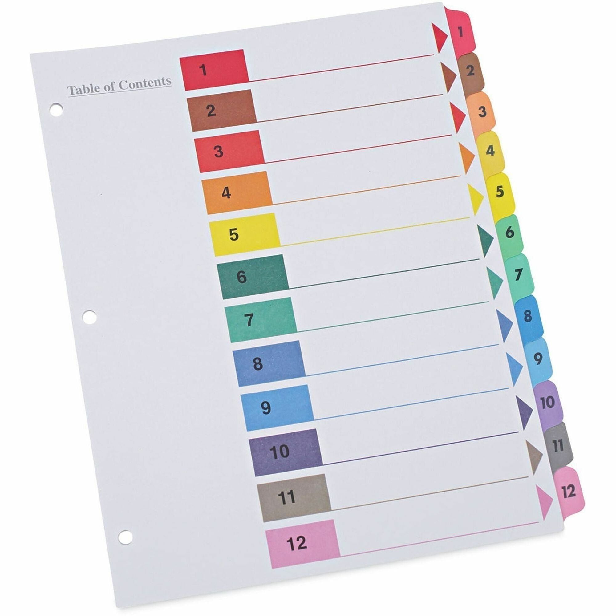 Universal Index Divider - 12 Printed Side Tab(s) - Digit - 1-12, Table of Contents - 8.5" Divider Width x 11" Divider Length - Letter - 3 Hole Punched - White Paper Divider - Assorted Paper Tab(s) - 30% Recycled - Double-sided, Mylar Reinforced Edge, L...