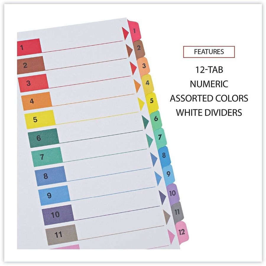 Universal Index Divider - 12 Printed Side Tab(s) - Digit - 1-12, Table of Contents - 8.5" Divider Width x 11" Divider Length - Letter - 3 Hole Punched - White Paper Divider - Assorted Paper Tab(s) - 30% Recycled - Double-sided, Mylar Reinforced Edge, L...