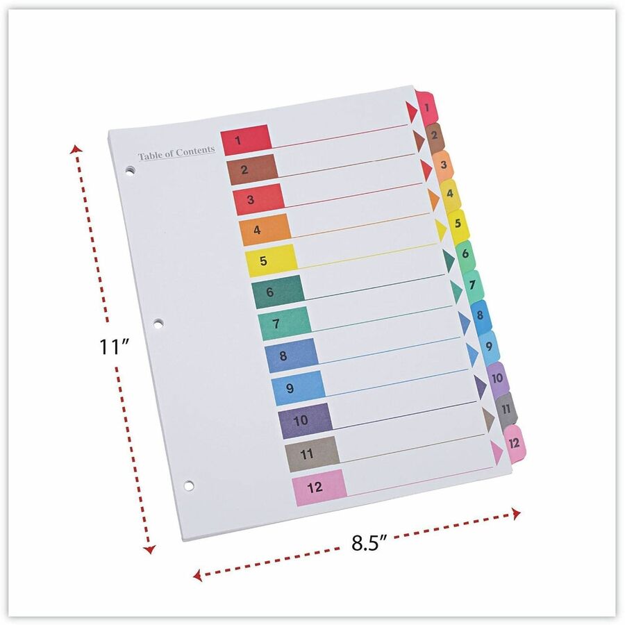 Universal Index Divider - 12 Printed Side Tab(s) - Digit - 1-12, Table of Contents - 8.5" Divider Width x 11" Divider Length - Letter - 3 Hole Punched - White Paper Divider - Assorted Paper Tab(s) - 30% Recycled - Double-sided, Mylar Reinforced Edge, L...