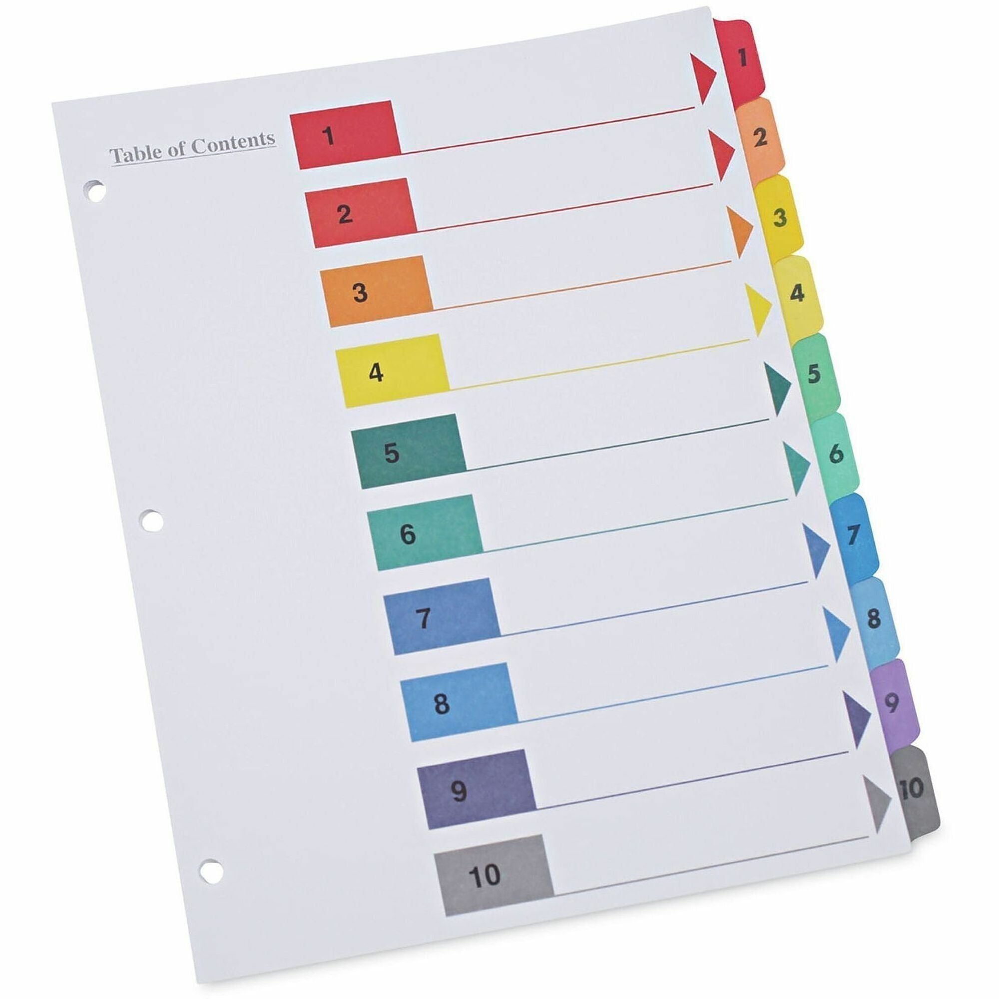 Universal Index Divider - 10 Printed Side Tab(s) - Digit - 1-10, Table of Contents - 8.5" Divider Width x 11" Divider Length - Letter - 3 Hole Punched - White Paper Divider - Assorted Paper Tab(s) - 30% Recycled - Double-sided, Mylar Reinforced Edge, L...