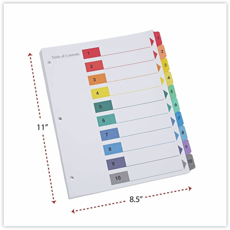 Universal Index Divider - 10 Printed Side Tab(s) - Digit - 1-10, Table of Contents - 8.5" Divider Width x 11" Divider Length - Letter - 3 Hole Punched - White Paper Divider - Assorted Paper Tab(s) - 30% Recycled - Double-sided, Mylar Reinforced Edge, L...