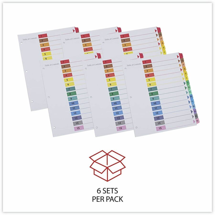 Universal Index Divider - 15 Printed Side Tab(s) - Digit - 1-15, Table of Contents - 8.5" Divider Width x 11" Divider Length - Letter - 3 Hole Punched - White Paper Divider - Assorted Paper Tab(s) - 30% Recycled - Double-sided, Mylar Reinforced Edge, L...