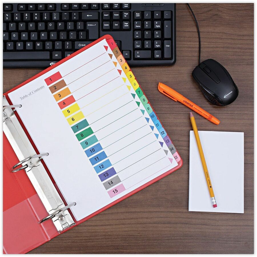 Universal Index Divider - 15 Printed Side Tab(s) - Digit - 1-15, Table of Contents - 8.5" Divider Width x 11" Divider Length - Letter - 3 Hole Punched - White Paper Divider - Assorted Paper Tab(s) - 30% Recycled - Double-sided, Mylar Reinforced Edge, L...