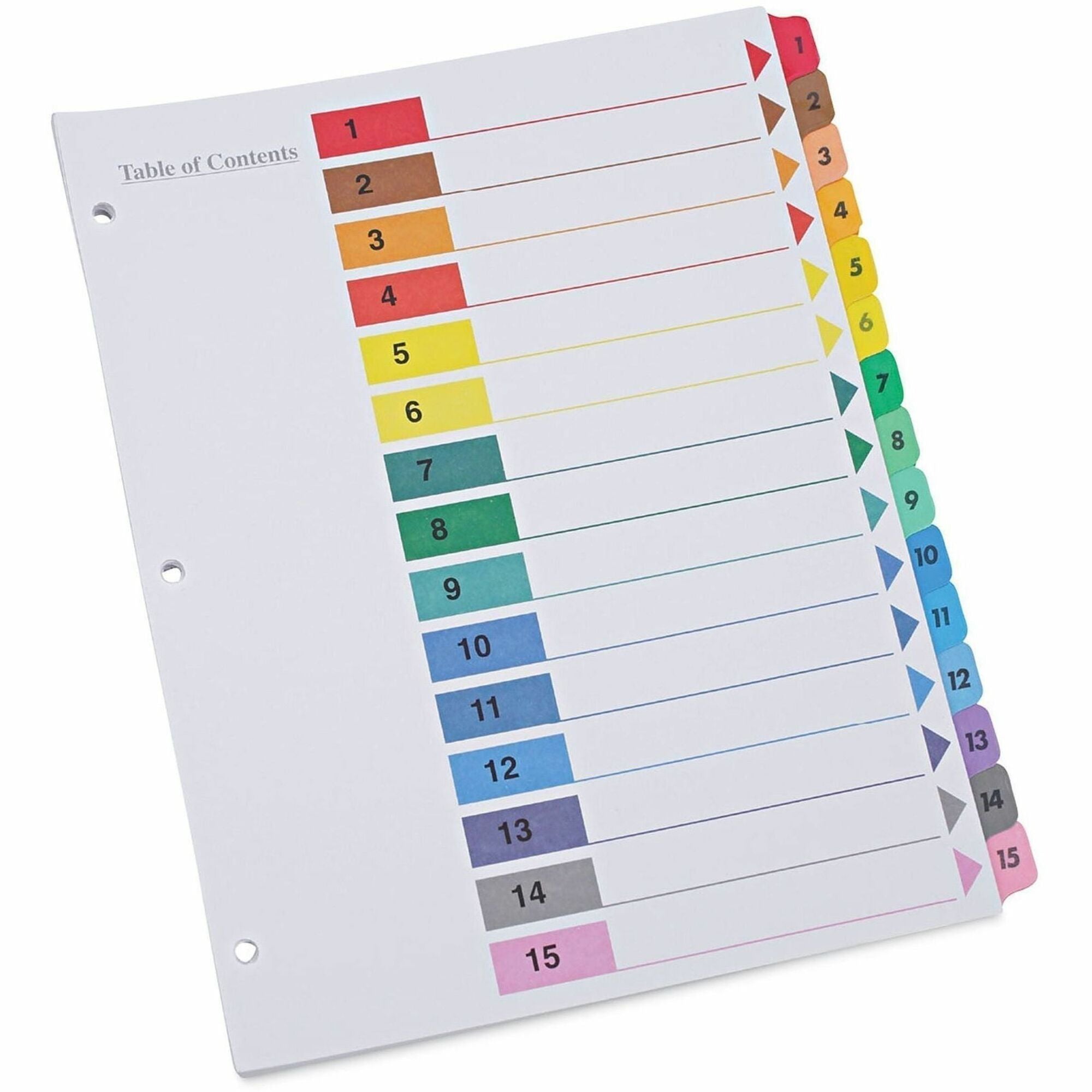 Universal Index Divider - 15 Printed Side Tab(s) - Digit - 1-15, Table of Contents - 8.5" Divider Width x 11" Divider Length - Letter - 3 Hole Punched - White Paper Divider - Assorted Paper Tab(s) - 30% Recycled - Double-sided, Mylar Reinforced Edge, L...