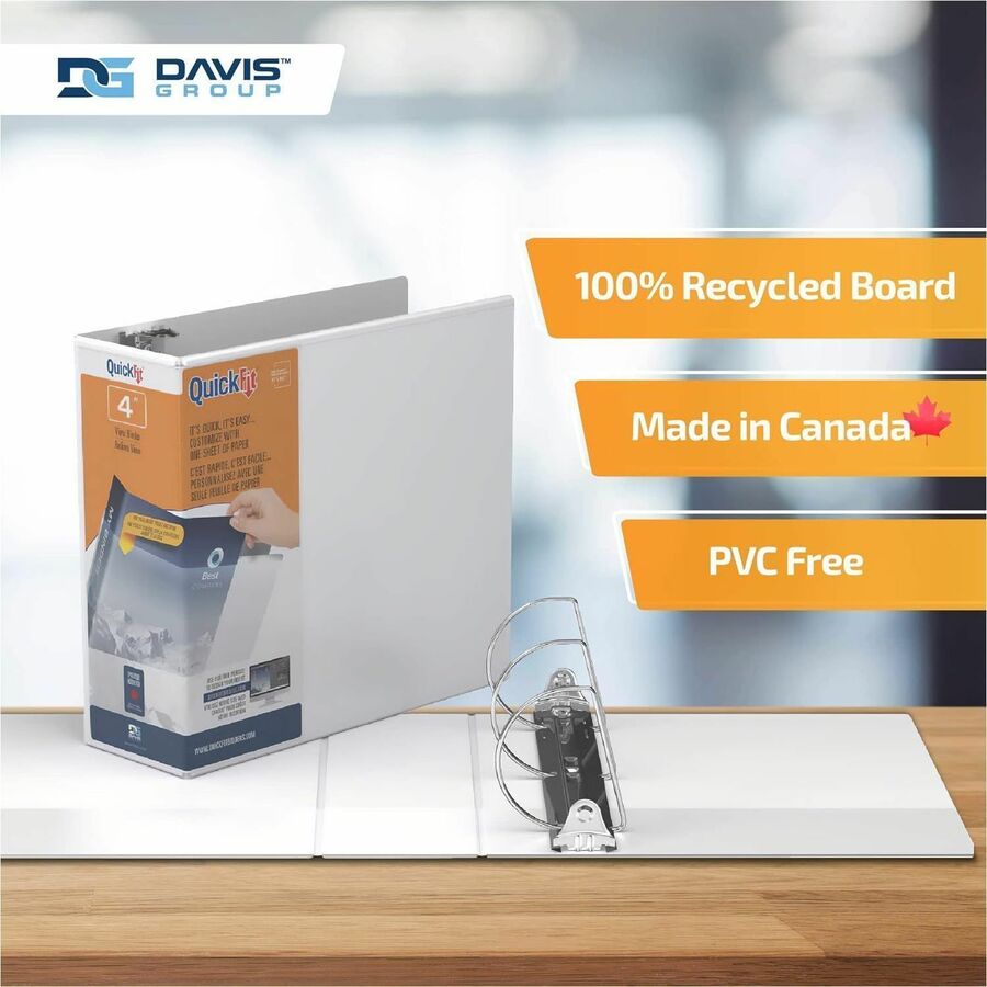 QuickFit View Binder, 3-Ring Binder, Angle D Ring, 4 Inch, White - 4" Binder Capacity - 8 1/2" x 11" Sheet Size - 750 Sheet Capacity - 3 x 4" Ring(s) - Fastener(s): D-Ring - Polypropylene - White - Recycled - Locking Ring, Heavy Duty - 1 Each