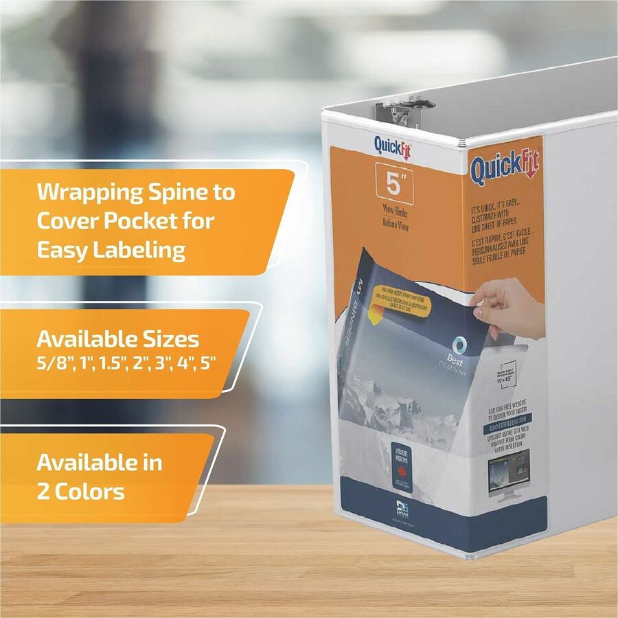 QuickFit View Binder, 3-Ring Binder, Angle D Ring, 5 Inch, White - 5" Binder Capacity - 8 1/2" x 11" Sheet Size - 1000 Sheet Capacity - 3 x 5" Ring(s) - Fastener(s): D-Ring - Polypropylene - White - Recycled - Locking Ring, Heavy Duty - 1 Each