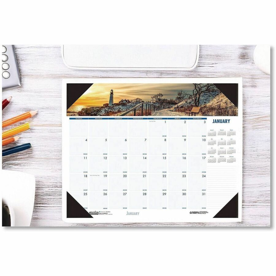 House of Doolittle EarthScapes Coastlines Desk Pad - Julian Dates - Monthly - 1 Month Single Page Layout - 18 1/2" x 13" Sheet Size - 2" x 2.66" Block - Desk Pad - White - Paper, Leatherette, Chipboard - Notepad, Reference Calendar, Reinforced - 1 Each