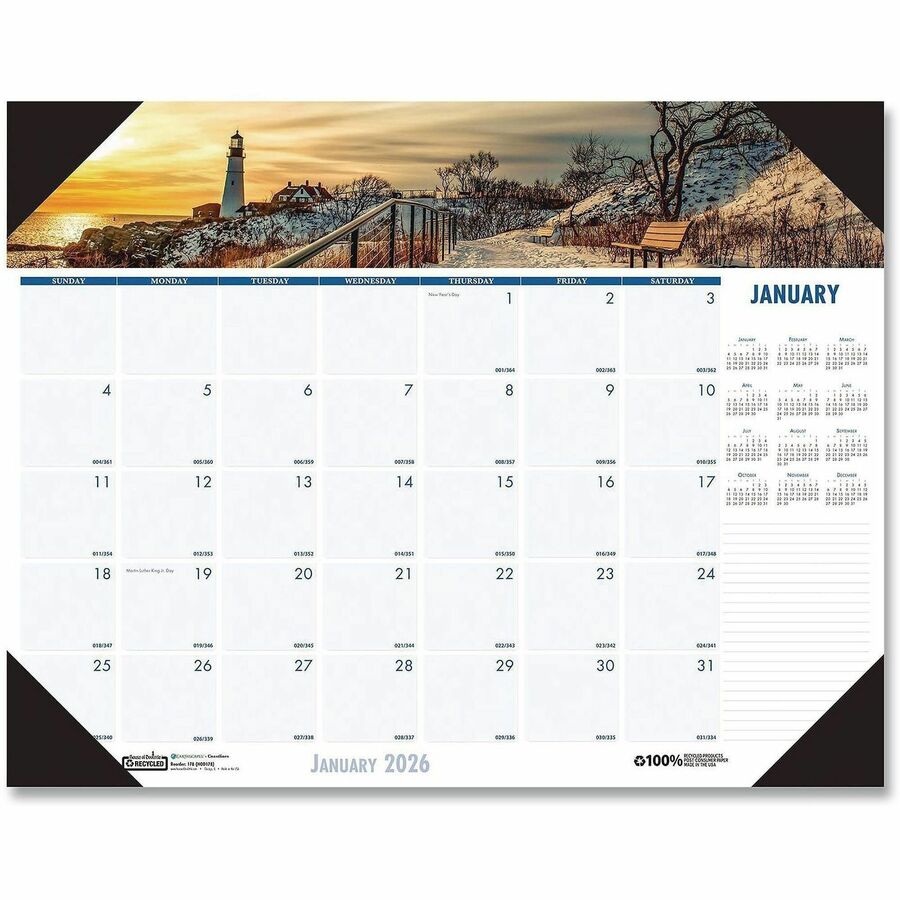 House of Doolittle EarthScapes Coastlines Desk Pad - Julian Dates - Monthly - 1 Month Single Page Layout - 18 1/2" x 13" Sheet Size - 2" x 2.66" Block - Desk Pad - White - Paper, Leatherette, Chipboard - Notepad, Reference Calendar, Reinforced - 1 Each