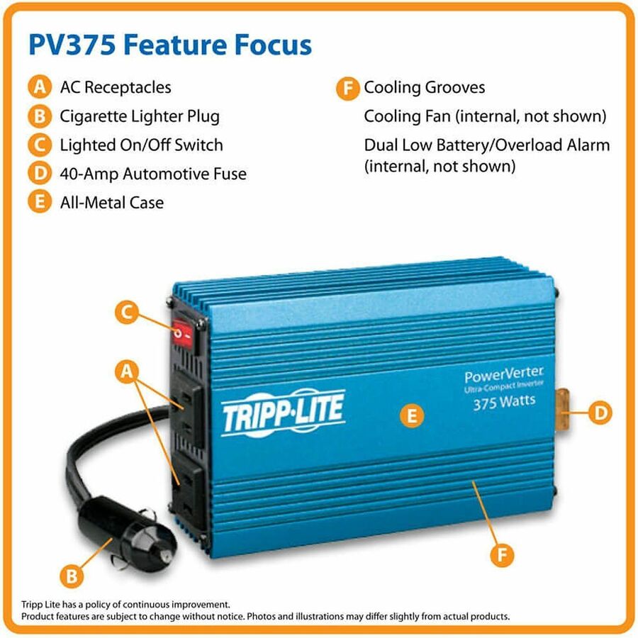 Tripp Lite series PowerVerter 375W Ultra-compact Inverter - Input Voltage: 12 V DC - Output Voltage: 120 V AC - Continuous Power: 375 W - TAA Compliant