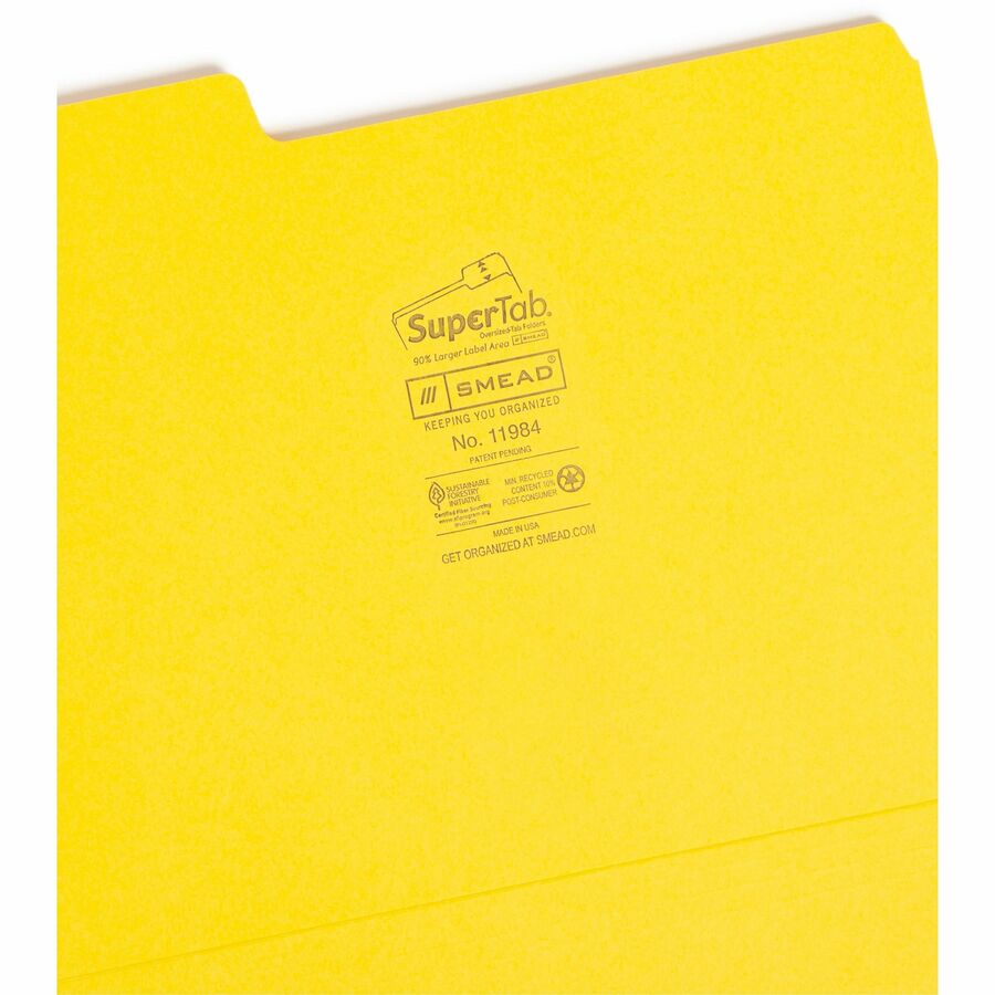 Smead SuperTab 1/3 Tab Cut Letter Recycled Top Tab File Folder - 8 1/2" x 11" - 3/4" Expansion - Assorted Tab Position - 11 pt. - 1 Plys - Yellow - 10% Recycled - 1 / Pack