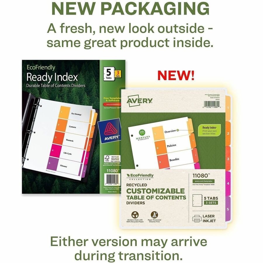 Avery EcoFriendly Recycled Dividers, 5 Tabs (3 Sets of 11080) - 15 x Divider(s) - 15 Tab(s) - Digit - 1-5, Table of Contents - 5 Tab(s)/Set - 8.5" Divider Width x 11" Divider Length - 3 Hole Punched - White Paper Divider - Multicolor Paper Tab(s) - 100...