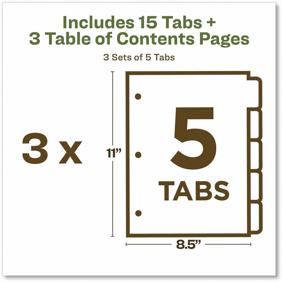 Avery EcoFriendly Recycled Dividers, 5 Tabs (3 Sets of 11080) - 15 x Divider(s) - 15 Tab(s) - Digit - 1-5, Table of Contents - 5 Tab(s)/Set - 8.5" Divider Width x 11" Divider Length - 3 Hole Punched - White Paper Divider - Multicolor Paper Tab(s) - 100...