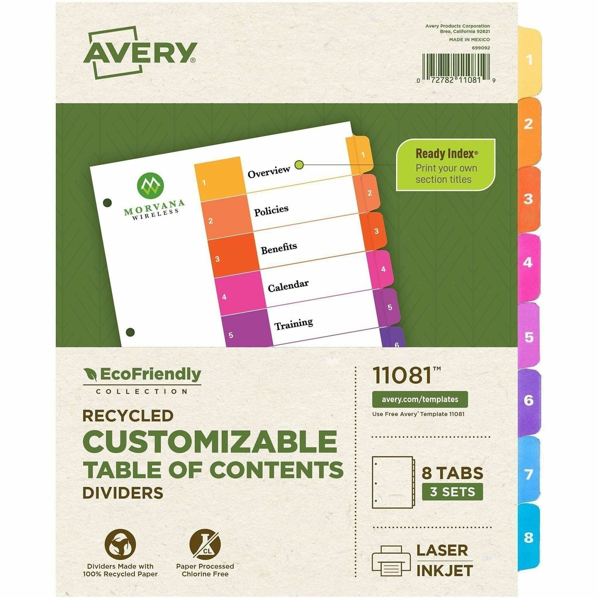 Avery EcoFriendly Recycled Dividers, 8 Tabs (3 Sets of 11081) - 24 x Divider(s) - 24 Tab(s) - Digit - 1-8, Table of Contents - 8 Tab(s)/Set - 8.5" Divider Width x 11" Divider Length - 3 Hole Punched - White Paper Divider - Multicolor Paper Tab(s) - 100...