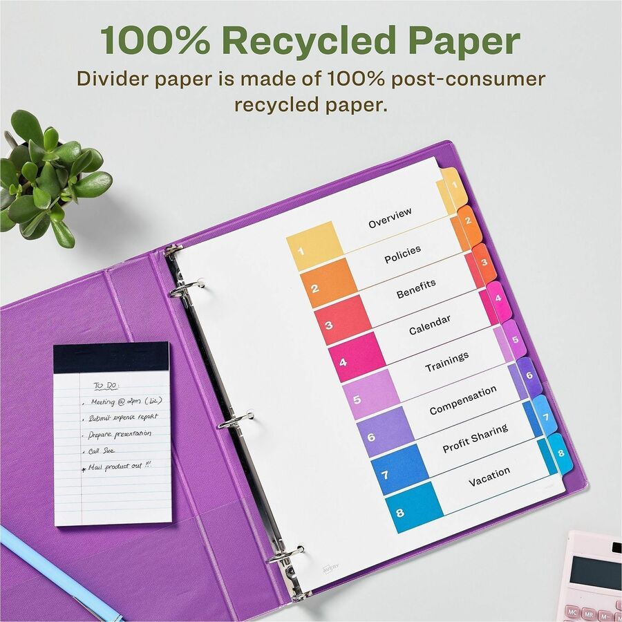 Avery EcoFriendly Recycled Dividers, 8 Tabs (3 Sets of 11081) - 24 x Divider(s) - 24 Tab(s) - Digit - 1-8, Table of Contents - 8 Tab(s)/Set - 8.5" Divider Width x 11" Divider Length - 3 Hole Punched - White Paper Divider - Multicolor Paper Tab(s) - 100...