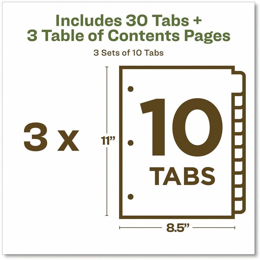 Avery EcoFriendly Recycled Dividers, 10 Tabs (3 Sets of 11082) - 30 x Divider(s) - 30 Tab(s) - Digit - 1-10, Table of Contents - 10 Tab(s)/Set - 8.5" Divider Width x 11" Divider Length - 3 Hole Punched - White Paper Divider - Multicolor Paper Tab(s) - ...