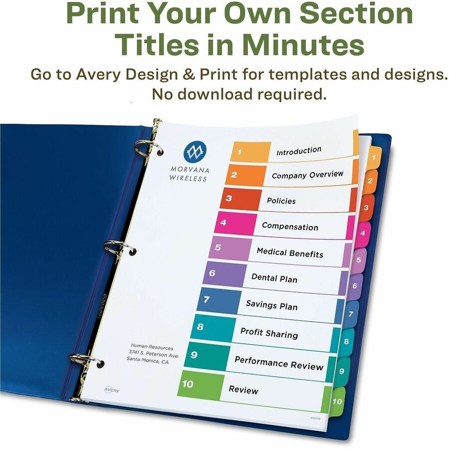 Avery EcoFriendly Recycled Dividers, 10 Tabs (3 Sets of 11082) - 30 x Divider(s) - 30 Tab(s) - Digit - 1-10, Table of Contents - 10 Tab(s)/Set - 8.5" Divider Width x 11" Divider Length - 3 Hole Punched - White Paper Divider - Multicolor Paper Tab(s) - ...