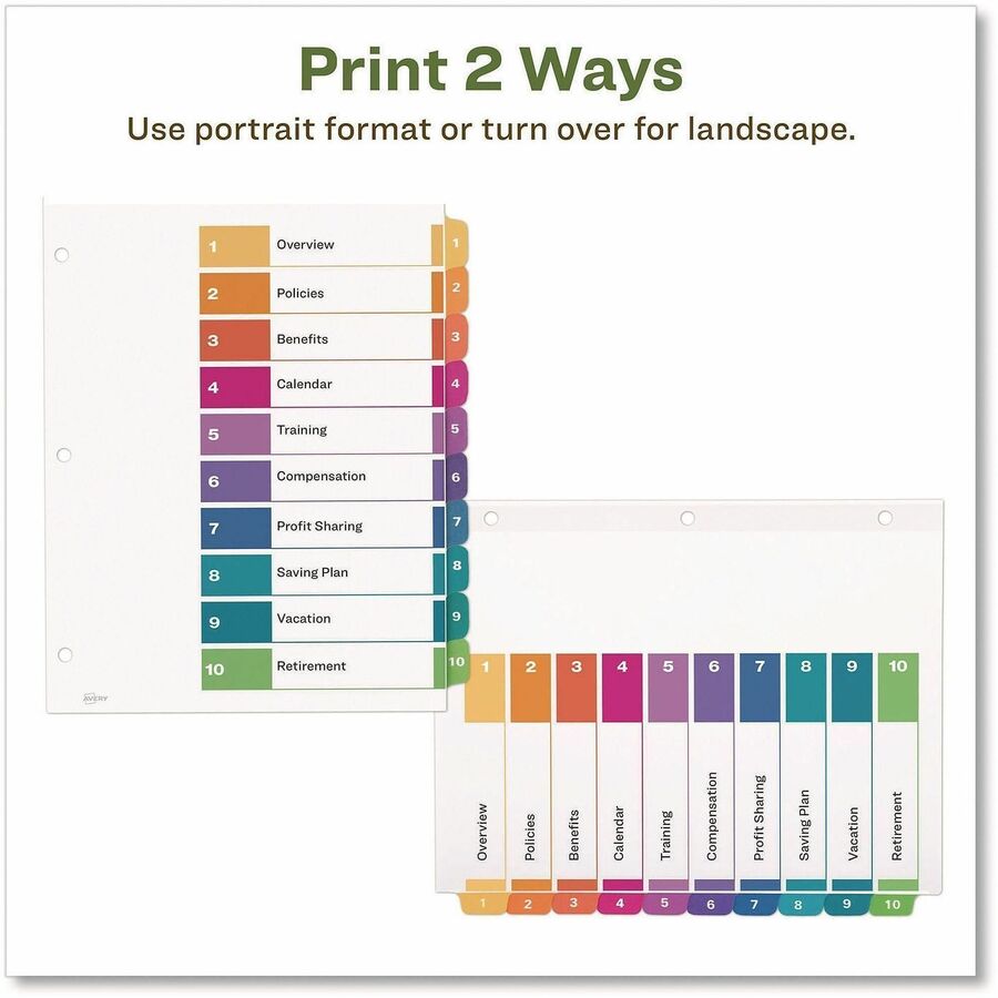 Avery EcoFriendly Recycled Dividers, 10 Tabs (3 Sets of 11082) - 30 x Divider(s) - 30 Tab(s) - Digit - 1-10, Table of Contents - 10 Tab(s)/Set - 8.5" Divider Width x 11" Divider Length - 3 Hole Punched - White Paper Divider - Multicolor Paper Tab(s) - ...