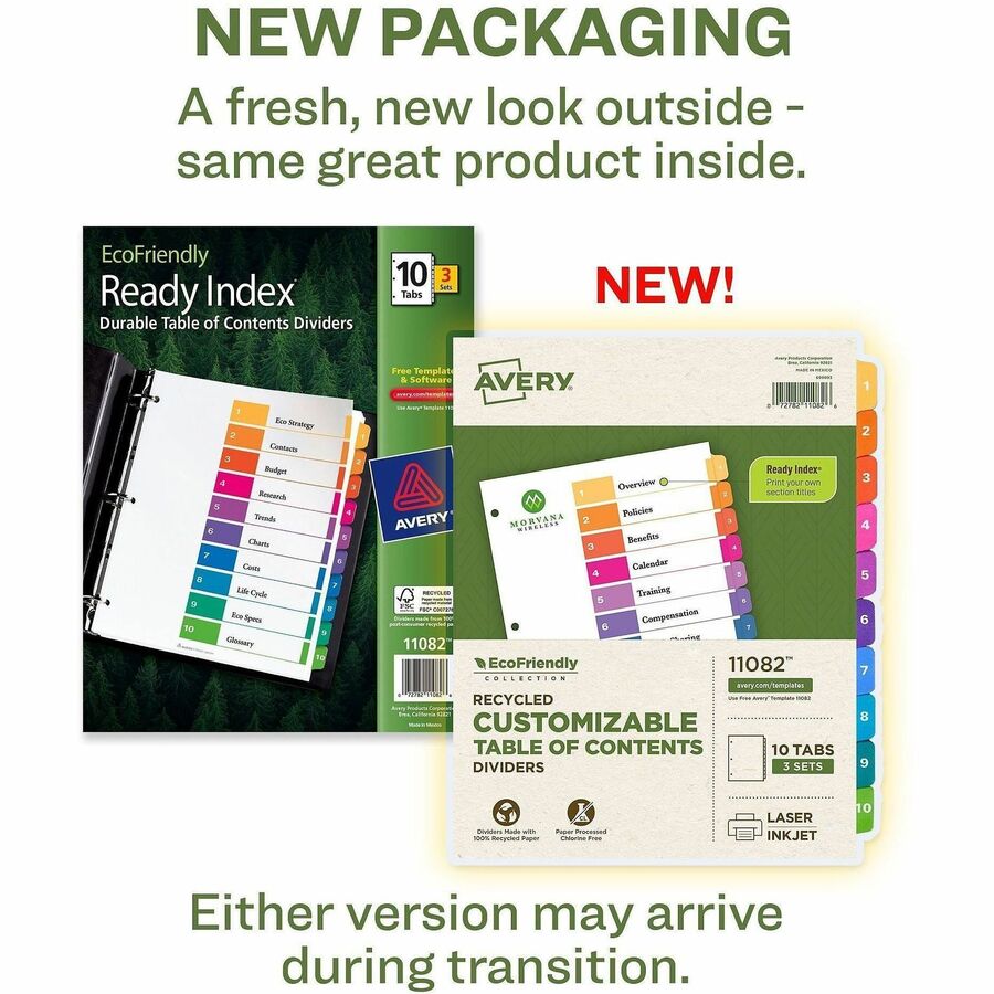 Avery EcoFriendly Recycled Dividers, 10 Tabs (3 Sets of 11082) - 30 x Divider(s) - 30 Tab(s) - Digit - 1-10, Table of Contents - 10 Tab(s)/Set - 8.5" Divider Width x 11" Divider Length - 3 Hole Punched - White Paper Divider - Multicolor Paper Tab(s) - ...