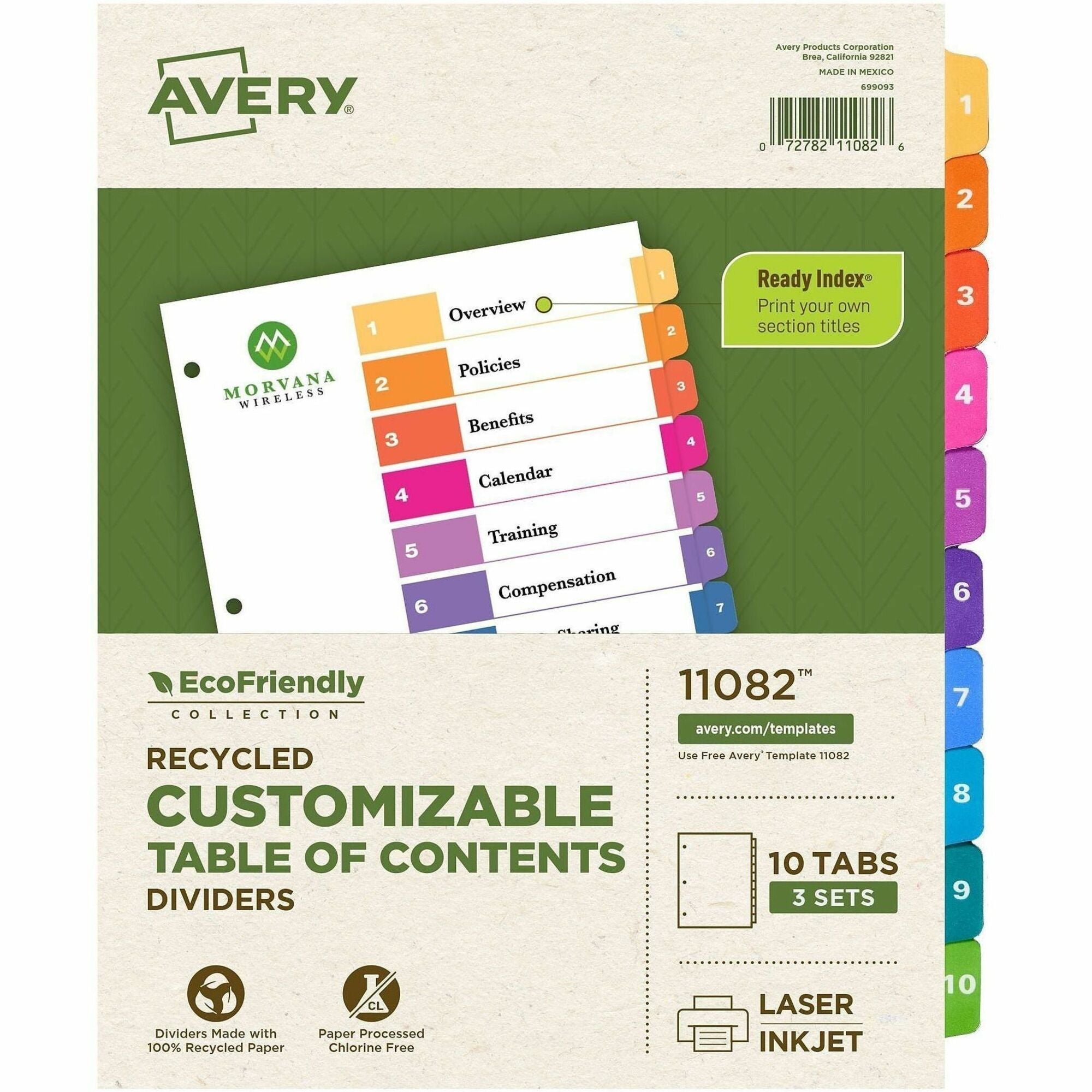 Avery EcoFriendly Recycled Dividers, 10 Tabs (3 Sets of 11082) - 30 x Divider(s) - 30 Tab(s) - Digit - 1-10, Table of Contents - 10 Tab(s)/Set - 8.5" Divider Width x 11" Divider Length - 3 Hole Punched - White Paper Divider - Multicolor Paper Tab(s) - ...