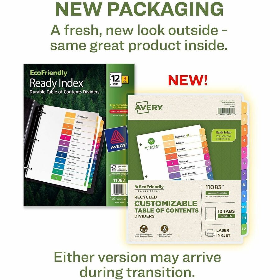 Avery EcoFriendly Recycled Dividers, 12 Tabs (3 Sets of 11083) - 36 x Divider(s) - 36 Tab(s) - Digit - 1-12, Table of Contents - 12 Tab(s)/Set - 8.5" Divider Width x 11" Divider Length - 3 Hole Punched - White Paper Divider - Multicolor Paper Tab(s) - ...