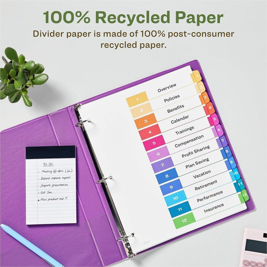 Avery EcoFriendly Recycled Dividers, 12 Tabs (3 Sets of 11083) - 36 x Divider(s) - 36 Tab(s) - Digit - 1-12, Table of Contents - 12 Tab(s)/Set - 8.5" Divider Width x 11" Divider Length - 3 Hole Punched - White Paper Divider - Multicolor Paper Tab(s) - ...