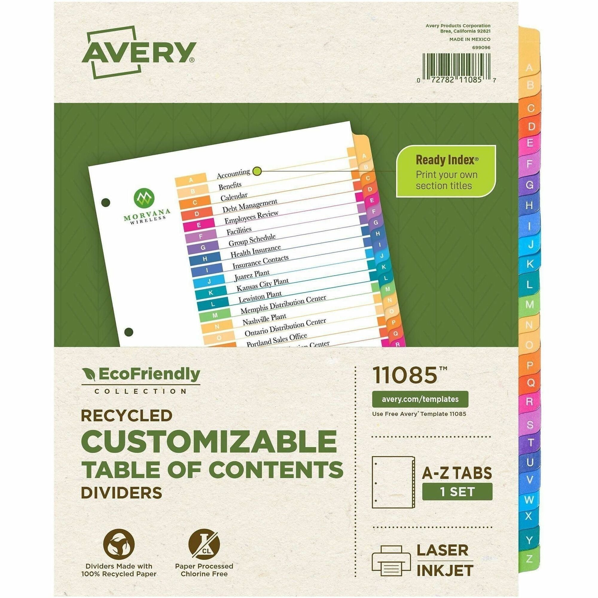 Avery coFriendly Recycled A-Z Dividers, 26 Tabs (11085) - 26 x Divider(s) - 26 Tab(s) - Alphabet - A-Z, Table of Contents - 26 Tab(s)/Set - 8.5" Divider Width x 11" Divider Length - 3 Hole Punched - White Paper Divider - Multicolor Paper Tab(s) - 100% ...