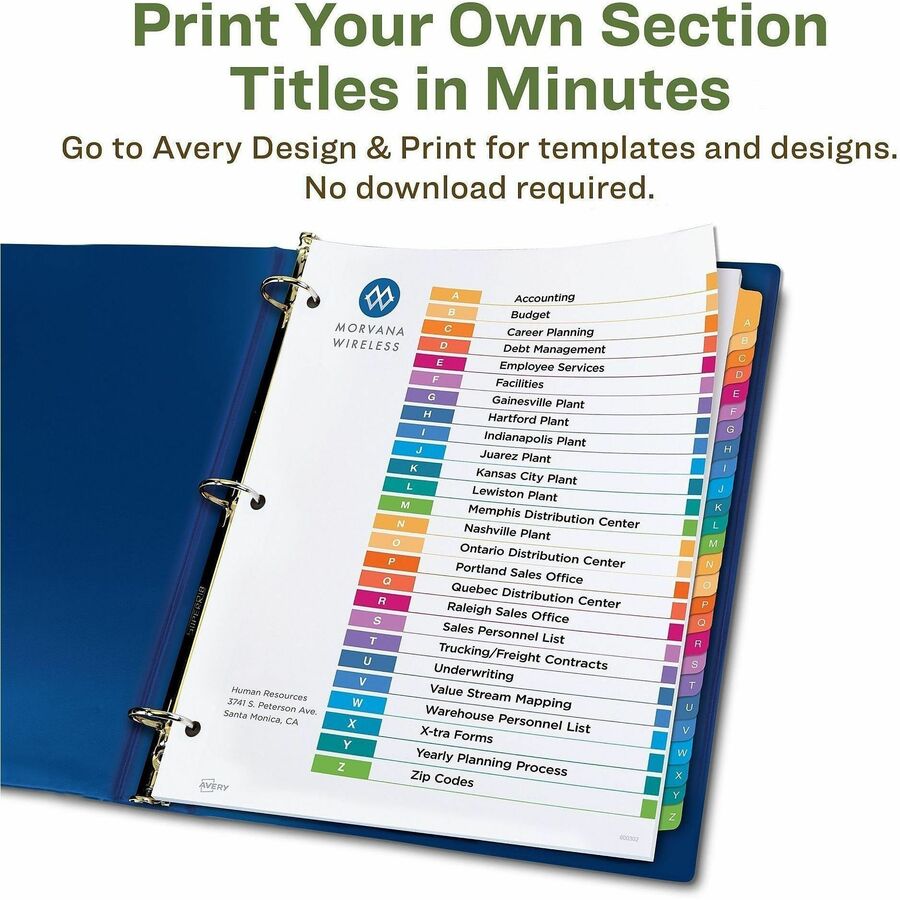 Avery coFriendly Recycled A-Z Dividers, 26 Tabs (11085) - 26 x Divider(s) - 26 Tab(s) - Alphabet - A-Z, Table of Contents - 26 Tab(s)/Set - 8.5" Divider Width x 11" Divider Length - 3 Hole Punched - White Paper Divider - Multicolor Paper Tab(s) - 100% ...