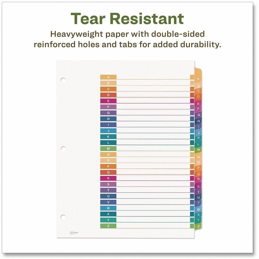 Avery coFriendly Recycled A-Z Dividers, 26 Tabs (11085) - 26 x Divider(s) - 26 Tab(s) - Alphabet - A-Z, Table of Contents - 26 Tab(s)/Set - 8.5" Divider Width x 11" Divider Length - 3 Hole Punched - White Paper Divider - Multicolor Paper Tab(s) - 100% ...