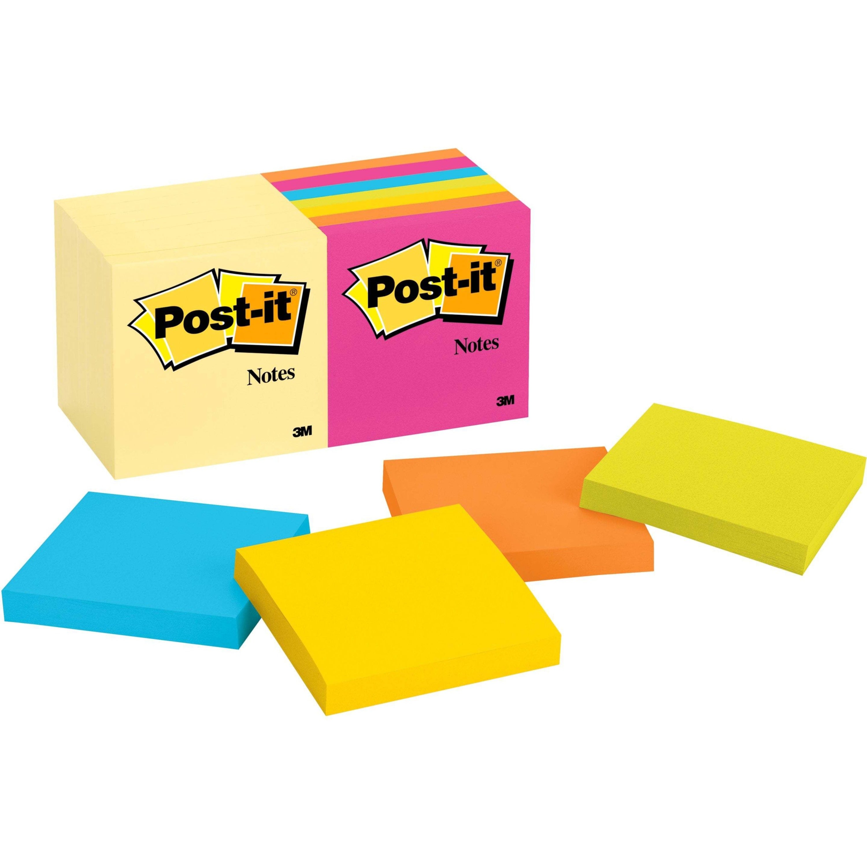 Post-it® Notes Original Notepads - Canary Yellow and Poptimistic Color Collection - 1400 - 3" Flag/Note Width x 3" Flag/Note Length - Square - 100 Sheets per Pad - Unruled - Poppy, Neon Orange, Aqua Wave Blue, Yellow - Paper - Repositionable, Self-...