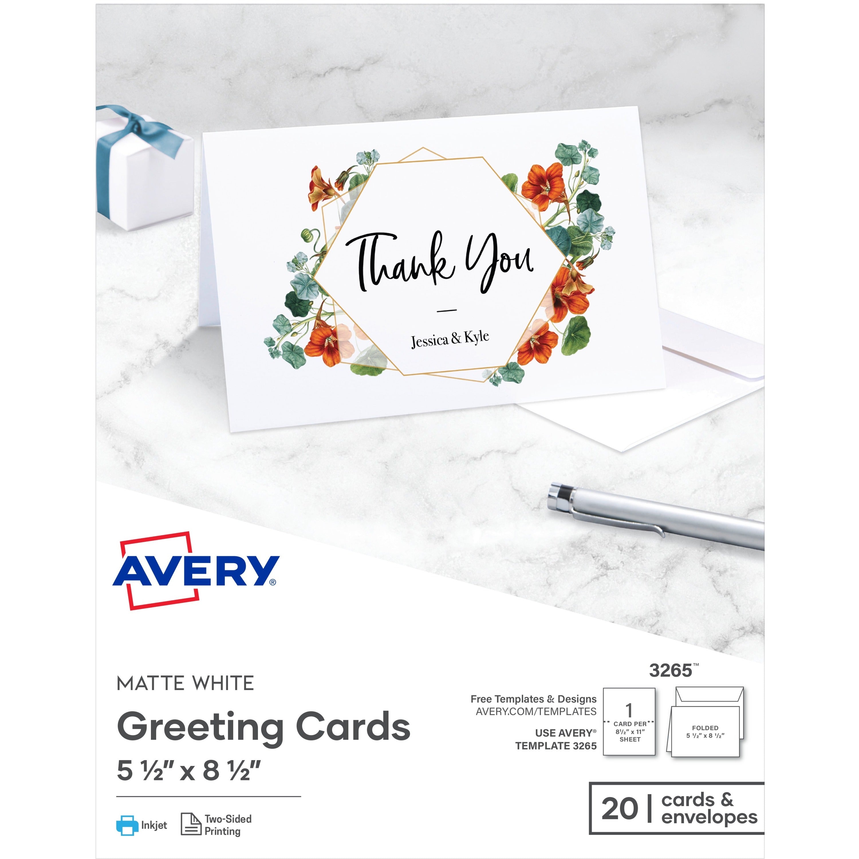 Avery® Half-Fold Greeting Cards, Matte, 5-1/2" x 8-1/2" , 20 Cards/Envelopes (3265) - 97 Brightness - 5 1/2" x 8 1/2" - Matte - Heavyweight - White - 20 / Box
