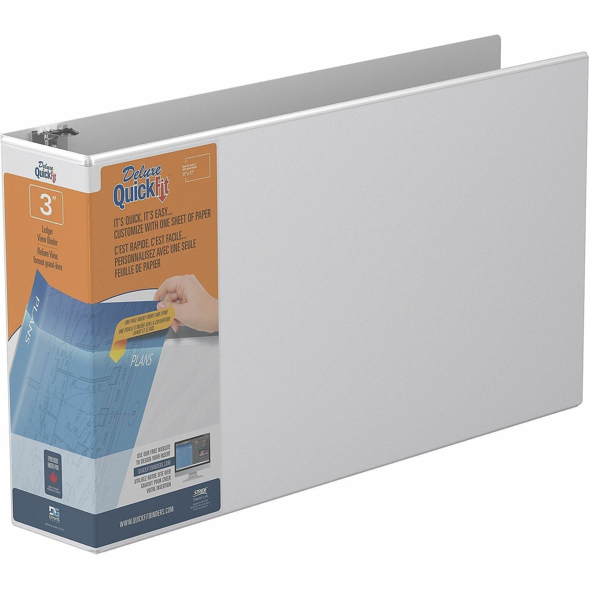 QuickFit Heavy-Duty Landscape 3-Ring Binder, D-Ring, View Binder, 3 Inch, White - 3" Binder Capacity - 11" x 17" Sheet Size - 625 Sheet Capacity - 3 x 3" Ring(s) - Fastener(s): D-Ring - Polypropylene - Black - Recycled - Locking Mechanism, Spine Label,...