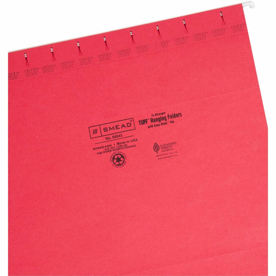Smead TUFF 1/3 Tab Cut Letter Recycled Hanging Folder - 8 1/2" x 11" - Top Tab Location - Assorted Tab Position - 11 pt. - Plastic - Red - 10% Recycled - 1 / Pack