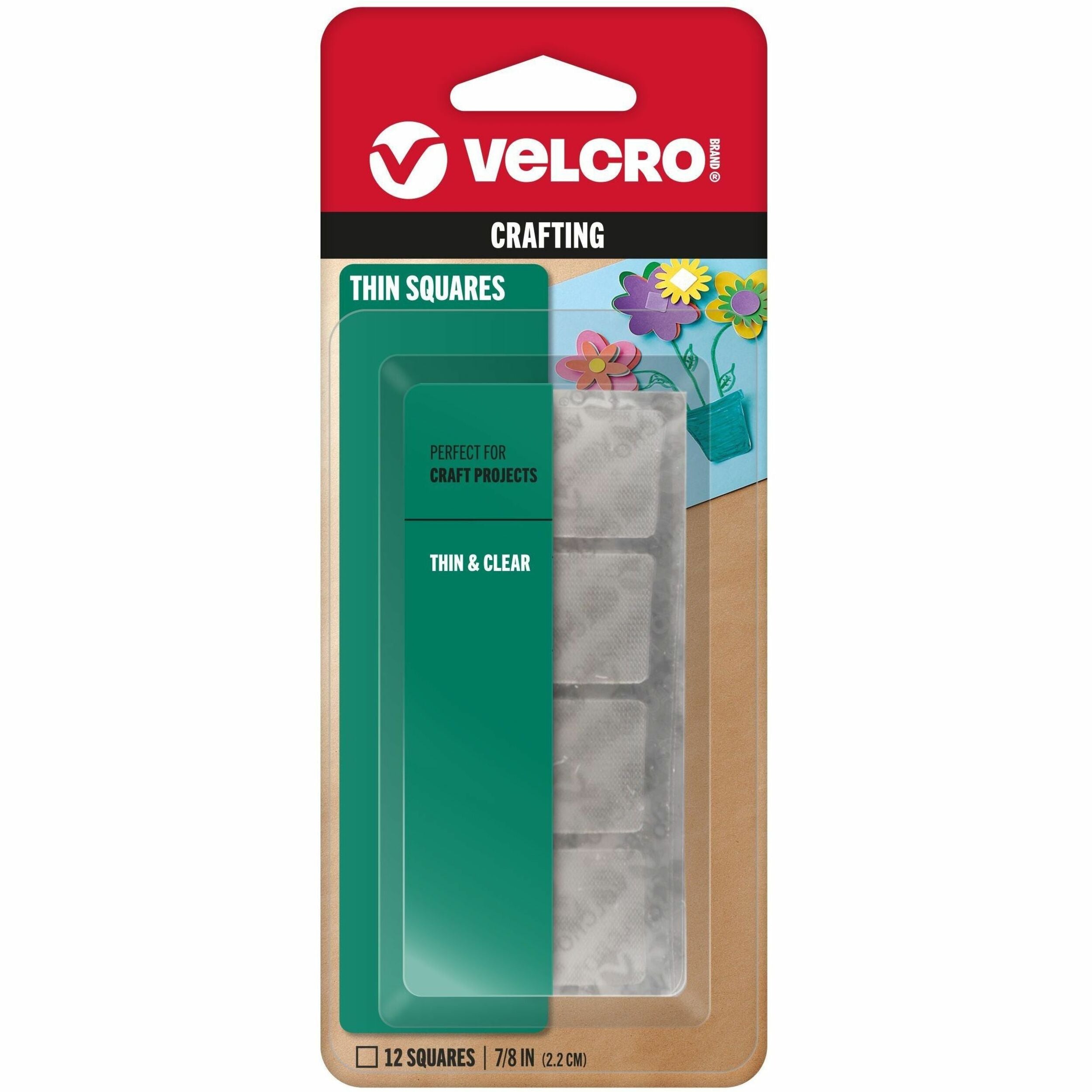 VELCRO® Thin Clear Fasteners 7/8in Squares Clear 12 ct - Clear - Water Resistant - For Indoor, Outdoor, Card, Crafting, Scrapbooking, Project, Glass, Plastic, Classroom, Office, Home, ... Carton - 12 Carton
