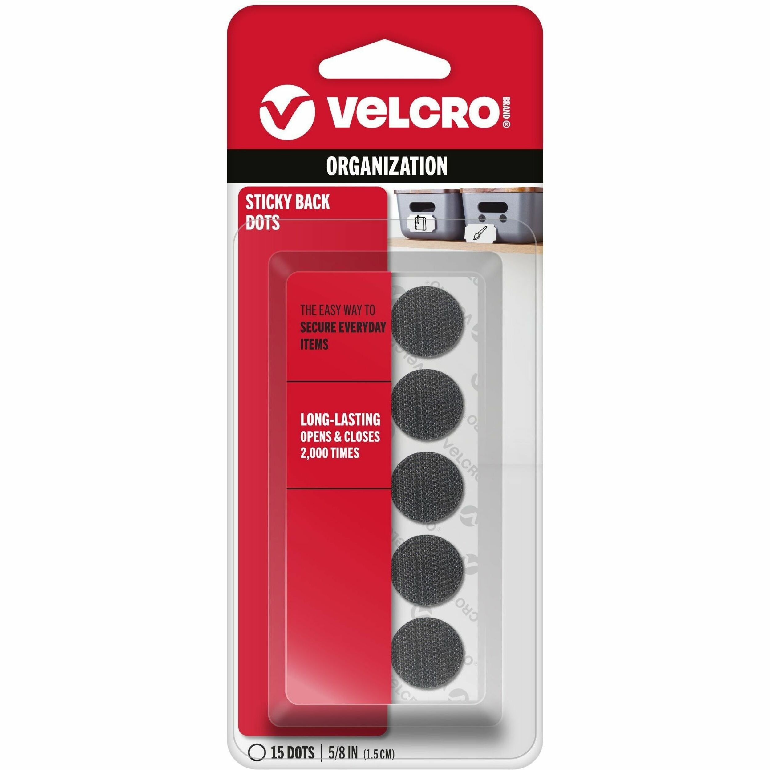 VELCRO® Sticky Back 5/8in Circles Black 15 ct - 0.63" Diameter - Black - For Multipurpose, School, Smooth Surface, Indoor, Outdoor, Mounting - 15 / Carton