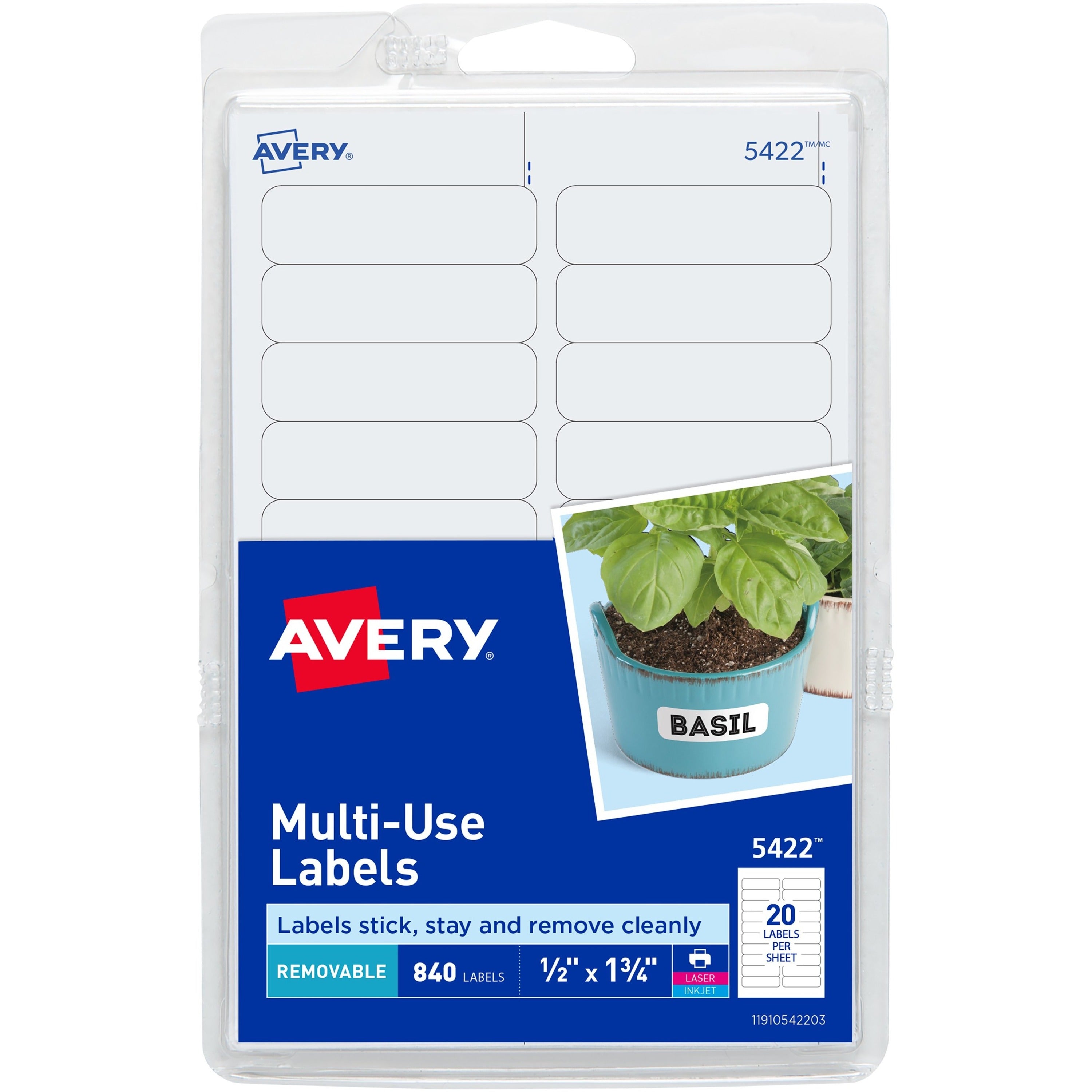 Avery® Removable Labels, Removable Adhesive, 1/2" x 1-3/4" , 840 Labels (5422) - 1/2" Height x 1 3/4" Width - Removable Adhesive - Rectangle - Laser, Inkjet - White - Paper - 20 / Sheet - 42 Total Sheets - 840 Total Label(s)