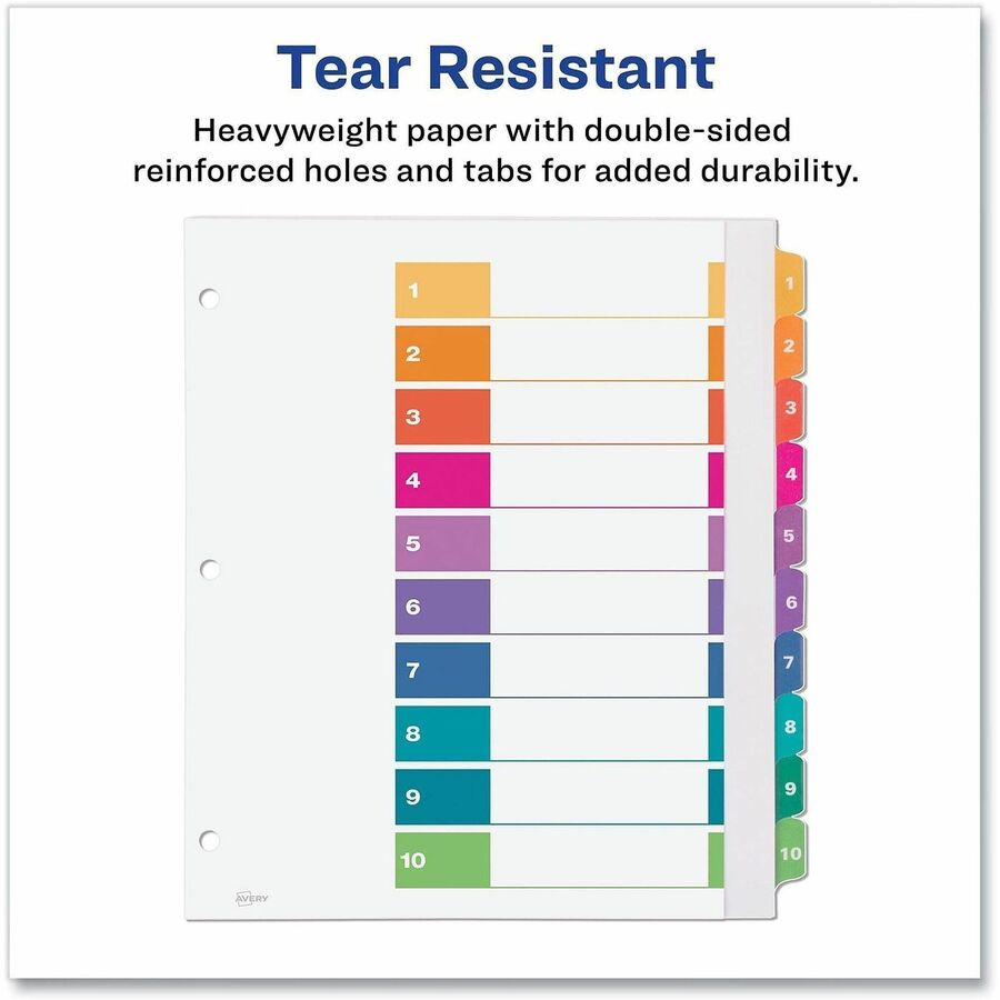 Avery Extra-Wide Dividers, 10 Tabs, Ready Index (11165) - 10 x Divider(s) - 10 Tab(s) - Digit - 1-10, Table of Contents - 10 Tab(s)/Set - 9.3" Divider Width x 11" Divider Length - 3 Hole Punched - White Paper Divider - Multicolor Paper Tab(s) - Printab...