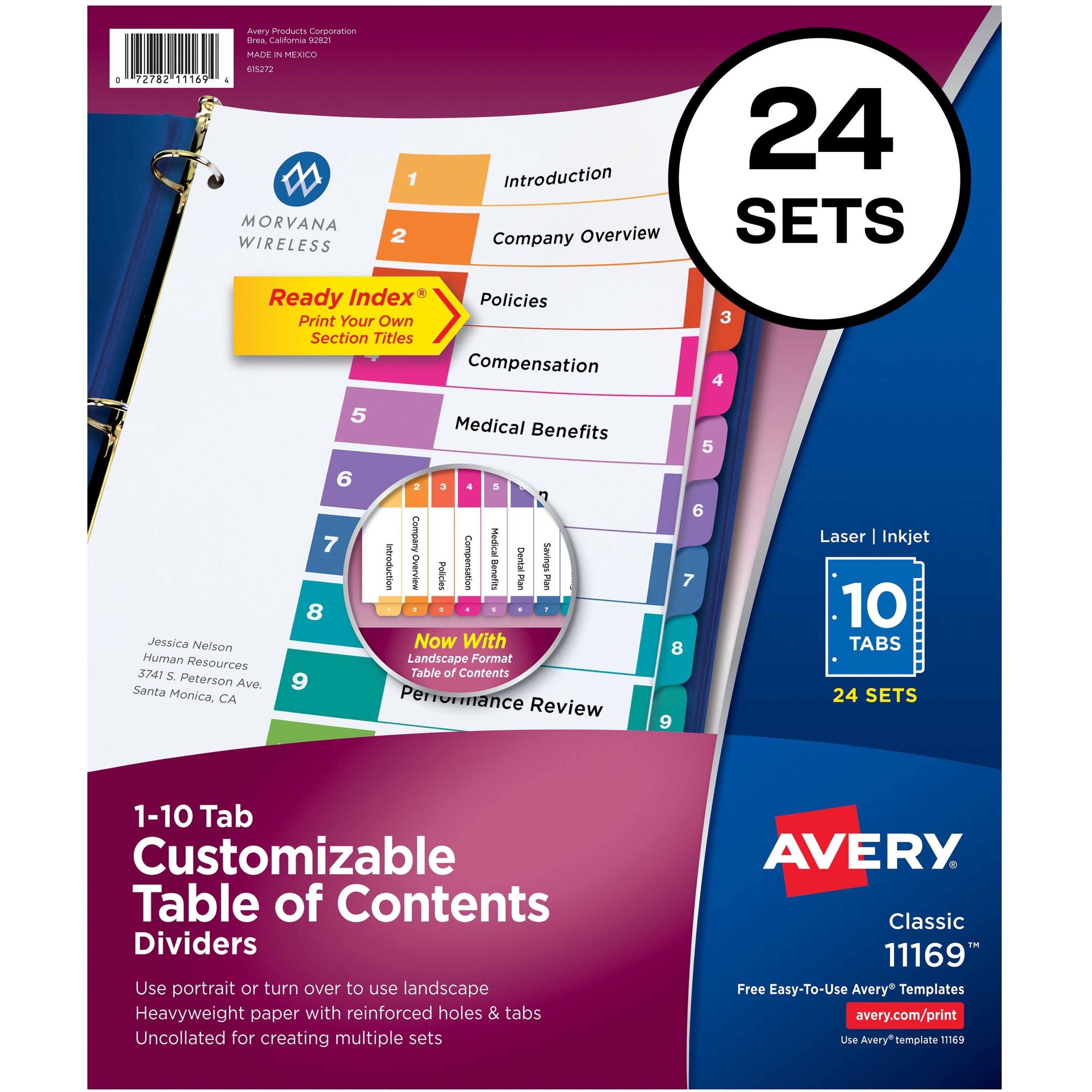 Avery® Ready Index(R) 10 Tab Binder Dividers, Customizable Table of Contents, Multicolor Tabs, 24 Sets (11169) - 240 x Divider(s) - 1-10 - 10 Tab(s)/Set - 8.5" Divider Width x 11" Divider Length - 3 Hole Punched - White Paper Divider - Multicolor P...
