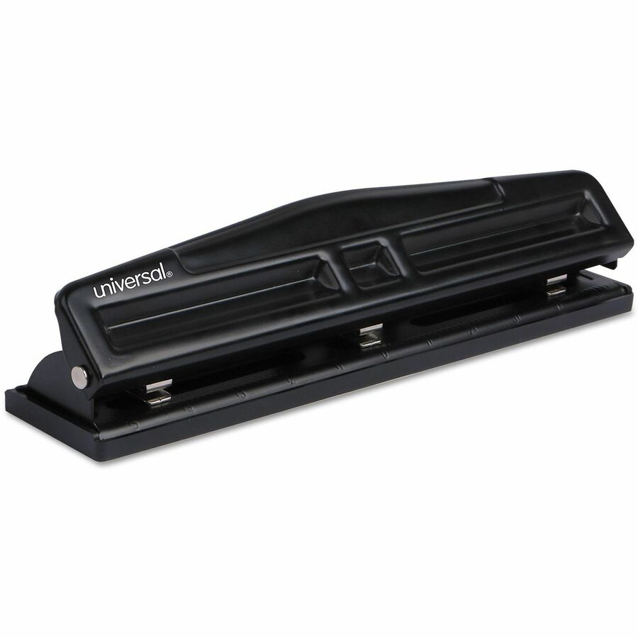 Universal UNV-74323 Deluxe Hole Punch - 3 Punch Head(s) - 12 Sheet - 9/32" Punch Size - Round Shape - Black