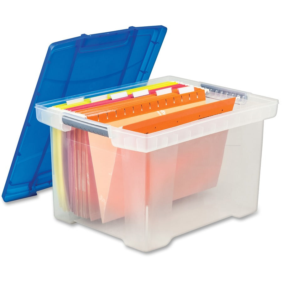 Storex Plastic File Tote Storage Box - External Dimensions: 14.3" Width x 19" Depth x 10.9" Height - 50 lb - Media Size Supported: Letter, Legal - Snap-tight Closure - Plastic - Clear, Blue - For File - 1 / Each