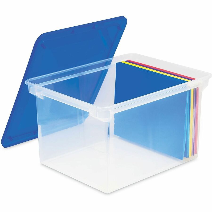 Storex Plastic File Tote Storage Box - External Dimensions: 14.3" Width x 19" Depth x 10.9" Height - 50 lb - Media Size Supported: Letter, Legal - Snap-tight Closure - Plastic - Clear, Blue - For File - 1 / Each