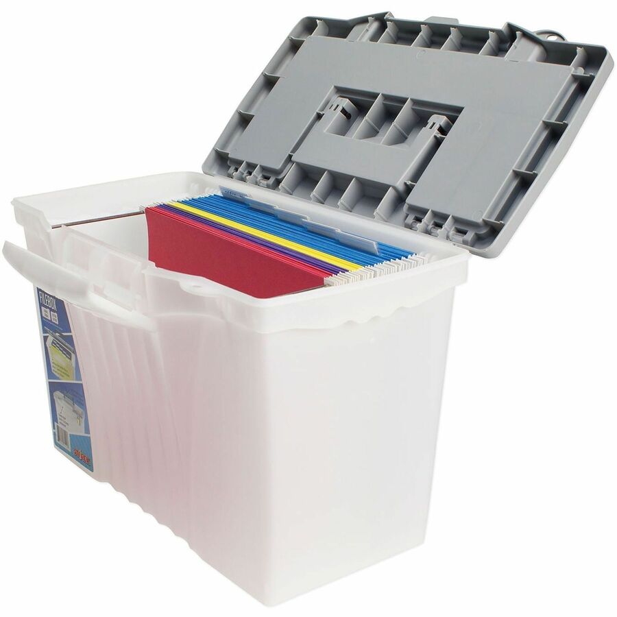 Storex Plastic Portable File Box - Internal Dimensions: 14.50" Width x 10.50" Depth x 12" Height - External Dimensions: 14.5" Width x 10.5" Depth x 12" Height - Media Size Supported: Letter, Legal - Latching Closure - Plastic - Clear, Silver - For File...