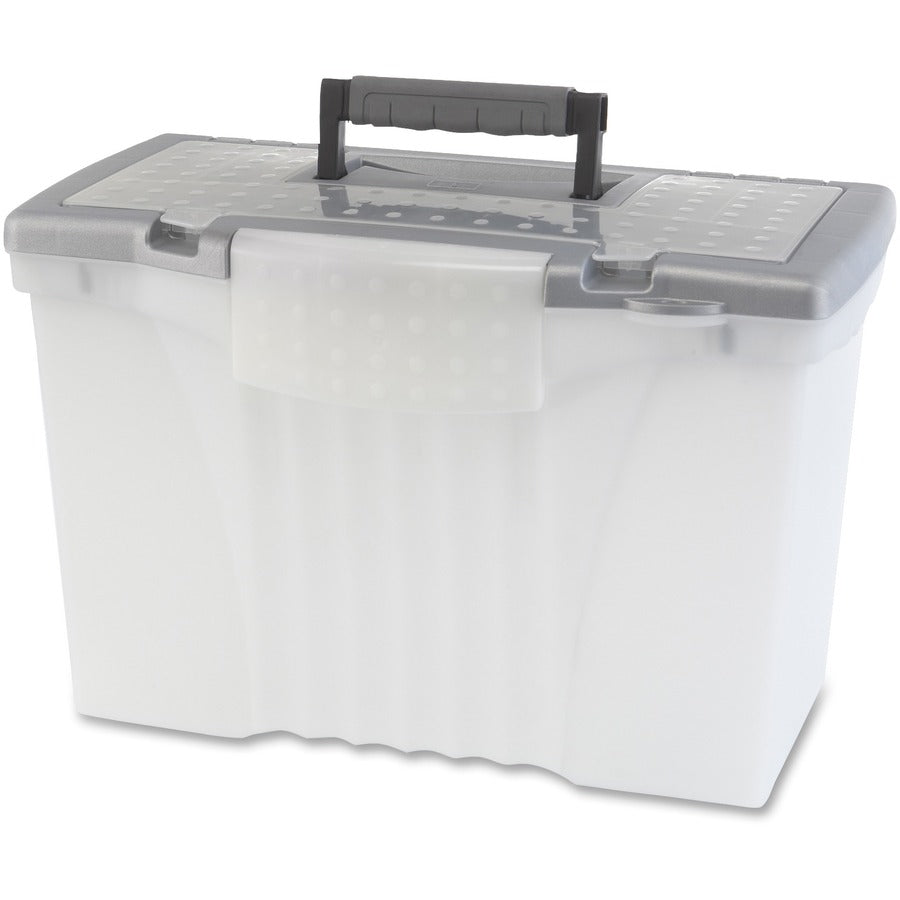 Storex Plastic Portable File Box - Internal Dimensions: 14.50" Width x 10.50" Depth x 12" Height - External Dimensions: 14.5" Width x 10.5" Depth x 12" Height - Media Size Supported: Letter, Legal - Latching Closure - Plastic - Clear, Silver - For File...