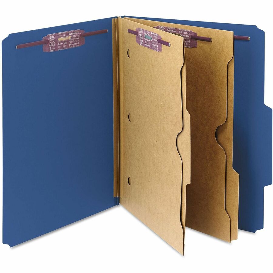 Smead SafeSHIELD 2/5 Tab Cut Letter Recycled Classification Folder - 8 1/2" x 11" - 2" Expansion - 2 x 2S Fastener(s) - 2 Pocket(s) - Top Tab Location - Right of Center Tab Position - 2 Divider(s) - 25 pt. - 1 Plys - Pressboard - Dark Blue - Tear Proof...