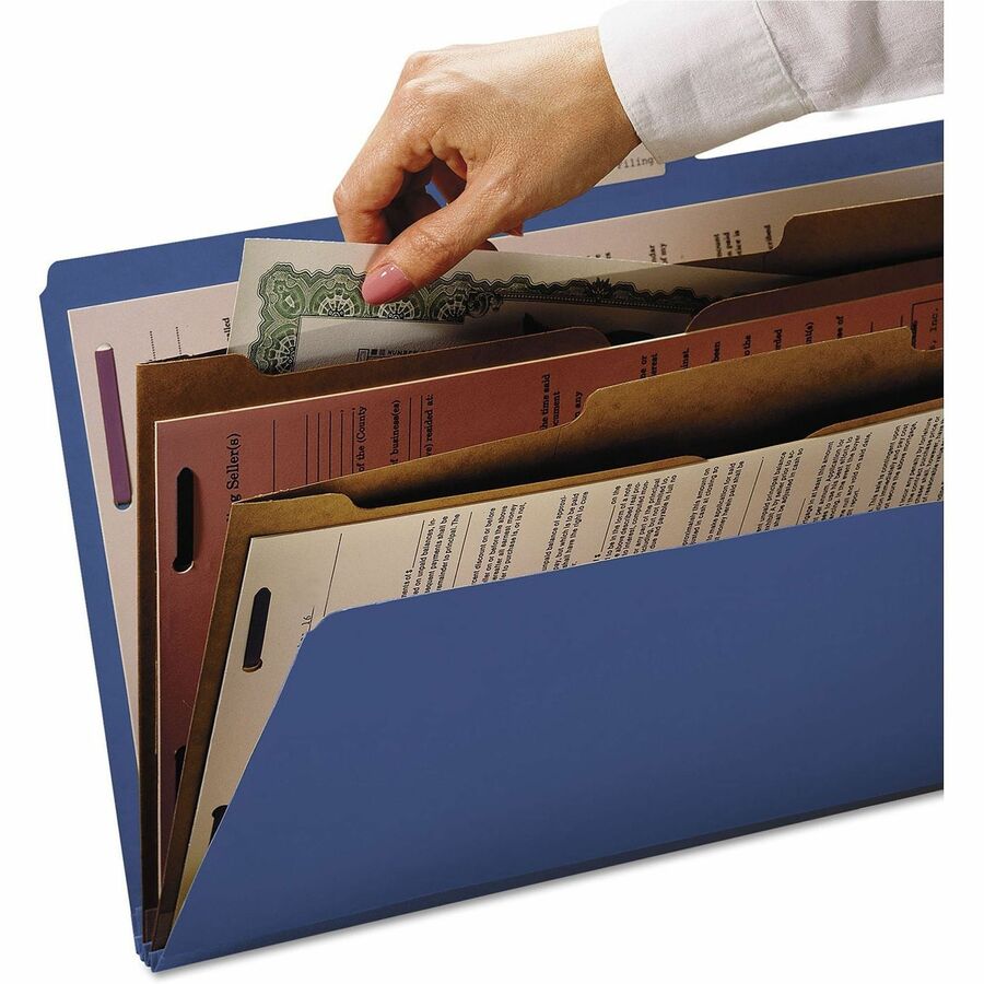 Smead SafeSHIELD 2/5 Tab Cut Letter Recycled Classification Folder - 8 1/2" x 11" - 2" Expansion - 2 x 2S Fastener(s) - 2 Pocket(s) - Top Tab Location - Right of Center Tab Position - 2 Divider(s) - 25 pt. - 1 Plys - Pressboard - Dark Blue - Tear Proof...