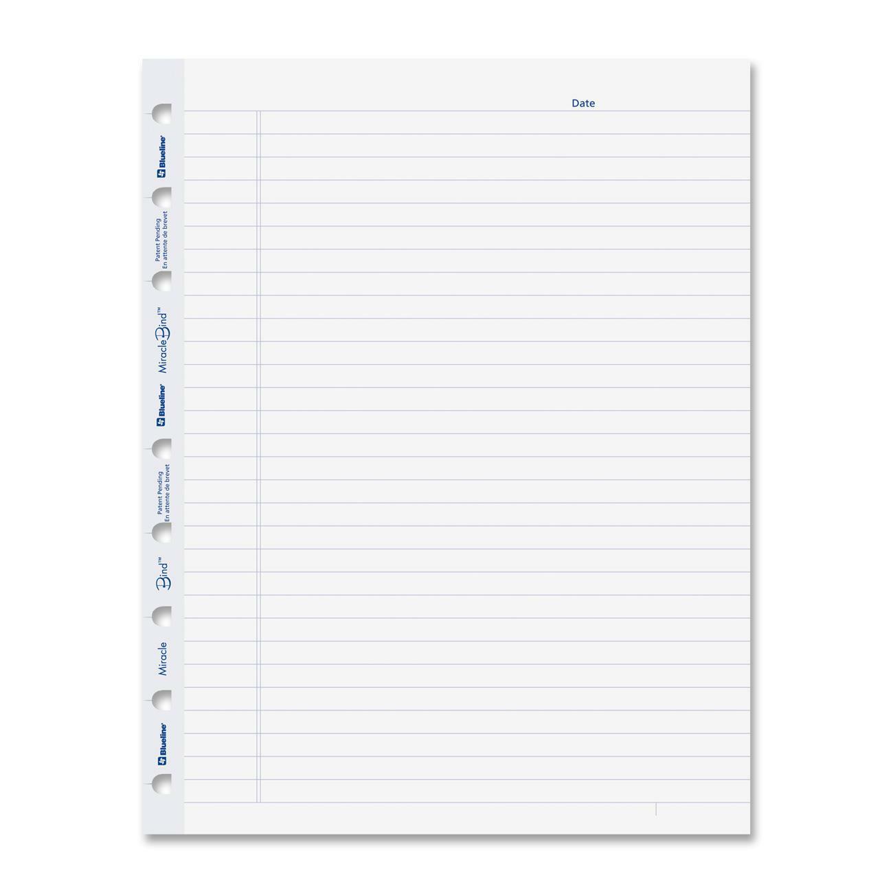 Blueline MiracleBind Notebook Refill Pages - 50 Sheets - 100 Pages - Ruled Margin - 9 1/4" x 7 1/4" Sheet Size - White Paper - Micro Perforated, Repositionable, Acid-free, Punched, Removable - Recycled - 50 Pack