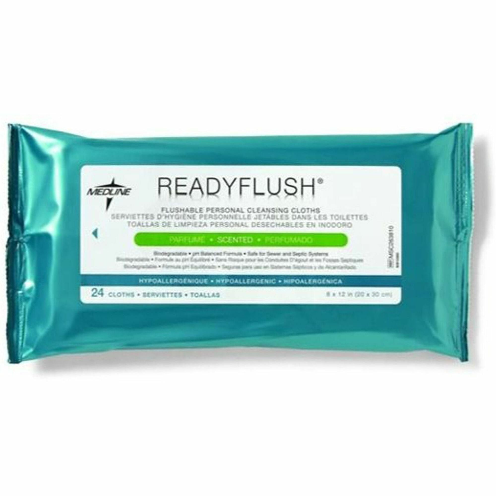 Medline ReadyFlush Biodegradable Flushable Wipes - 8" Width x 10" Length - White - Cloth, Fiber, Cloth Fiber - 24 / Carton