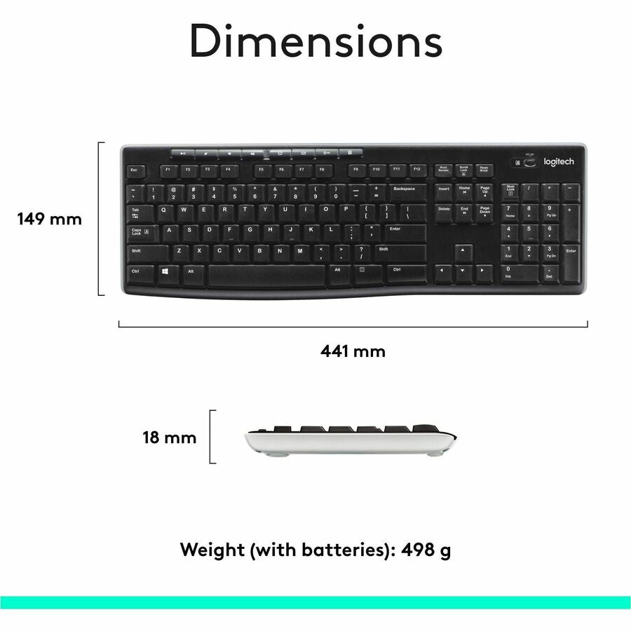 Logitech K270 Keyboard - Wireless Connectivity - RF - 33 ft - 2.40 GHz - USB Interface - Computer - PC - AAA Battery Size Supported - Black