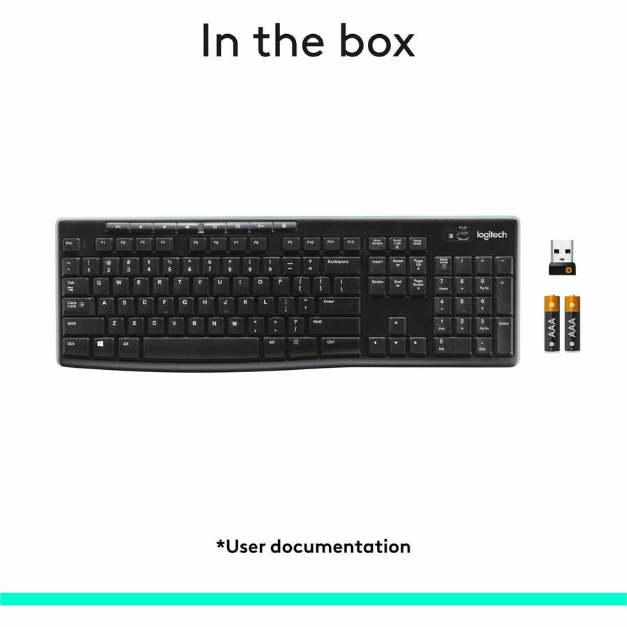Logitech K270 Keyboard - Wireless Connectivity - RF - 33 ft - 2.40 GHz - USB Interface - Computer - PC - AAA Battery Size Supported - Black