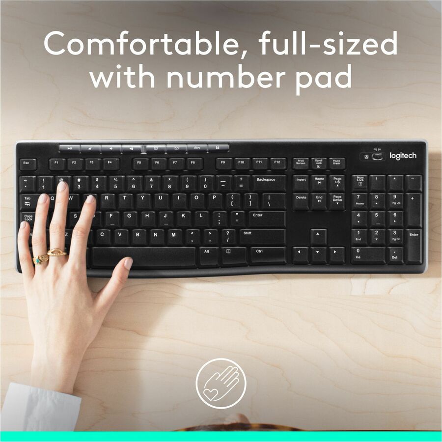Logitech K270 Keyboard - Wireless Connectivity - RF - 33 ft - 2.40 GHz - USB Interface - Computer - PC - AAA Battery Size Supported - Black